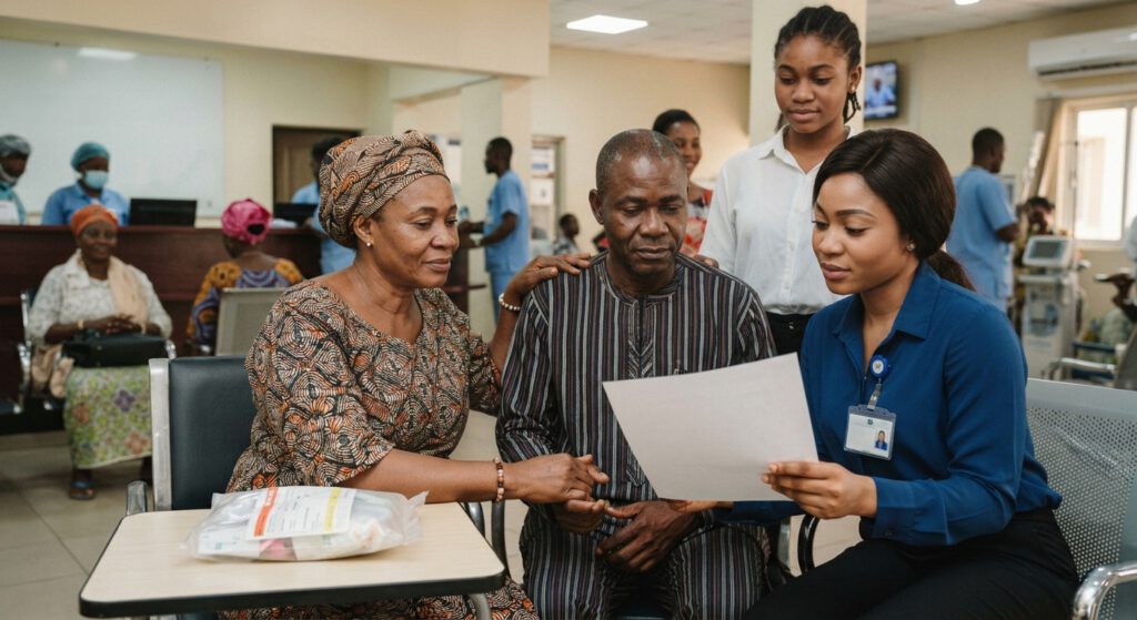 A patient and his wife review a document with a hospital staff member