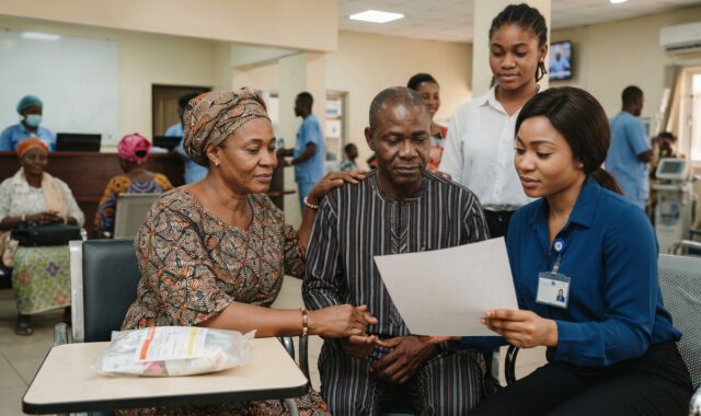 A patient and his wife review a document with a hospital staff member