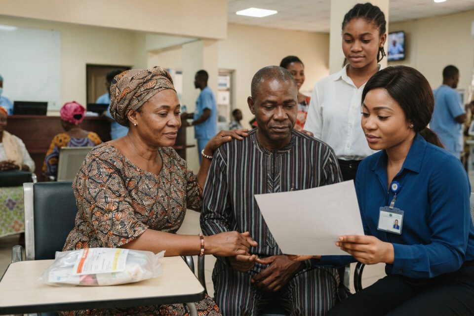 A patient and his wife review a document with a hospital staff member